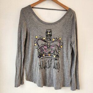 Juicy Couture Grey Long Sleeve Graphic Tee T-Shirt Top Beaded Crown Y2K Size L